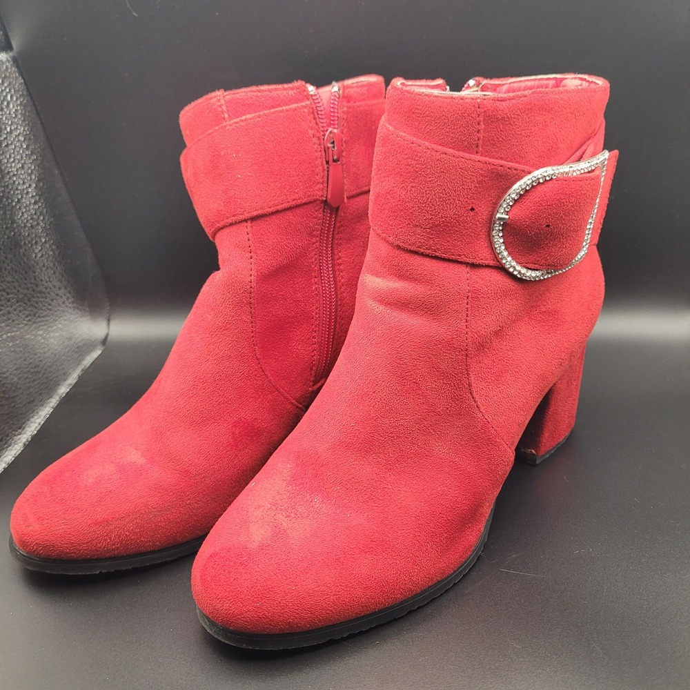 Dream Pairs Emmy-2 Red Faux Suede Rhinestone Buckle Block Heel Ankle Boots 7.5